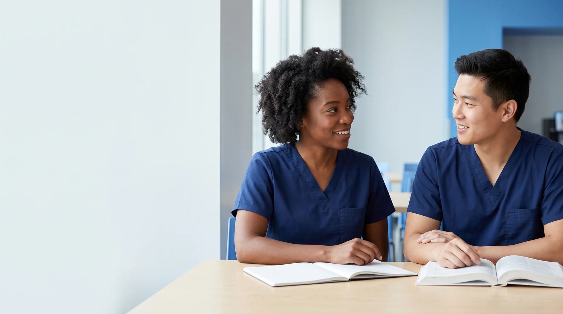 Two nursing students working through practice questions together at a table.