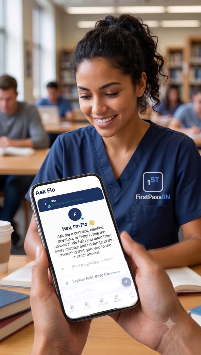 A nursing student asking Flo to explain a concept in the FirstPassRN app