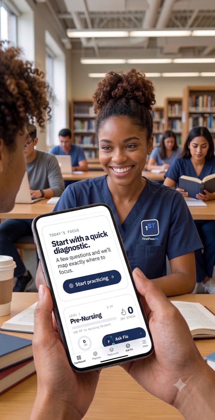 A nursing student starting a quick diagnostic in the FirstPassRN app