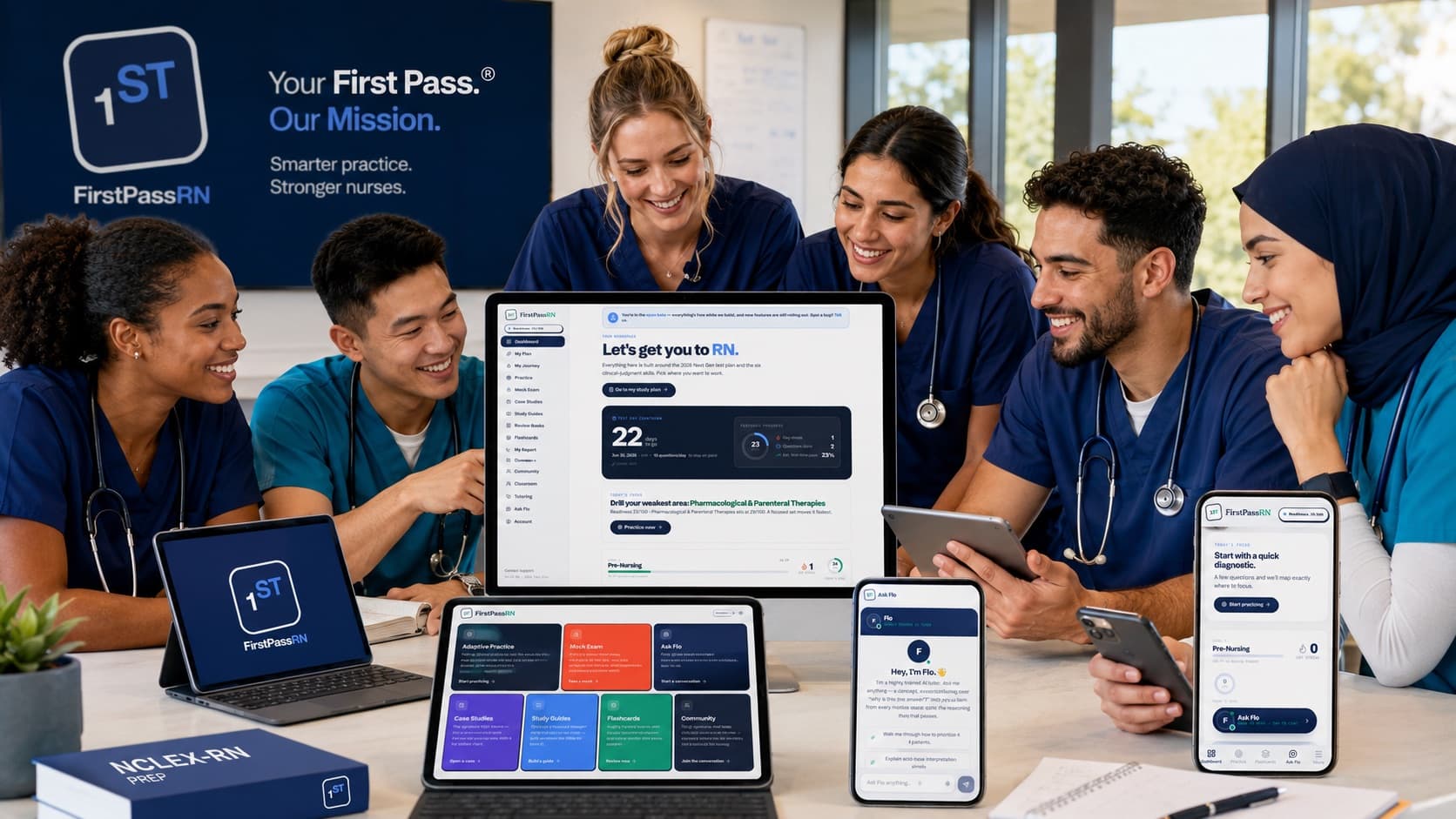A diverse group of nursing students studying together with FirstPassRN